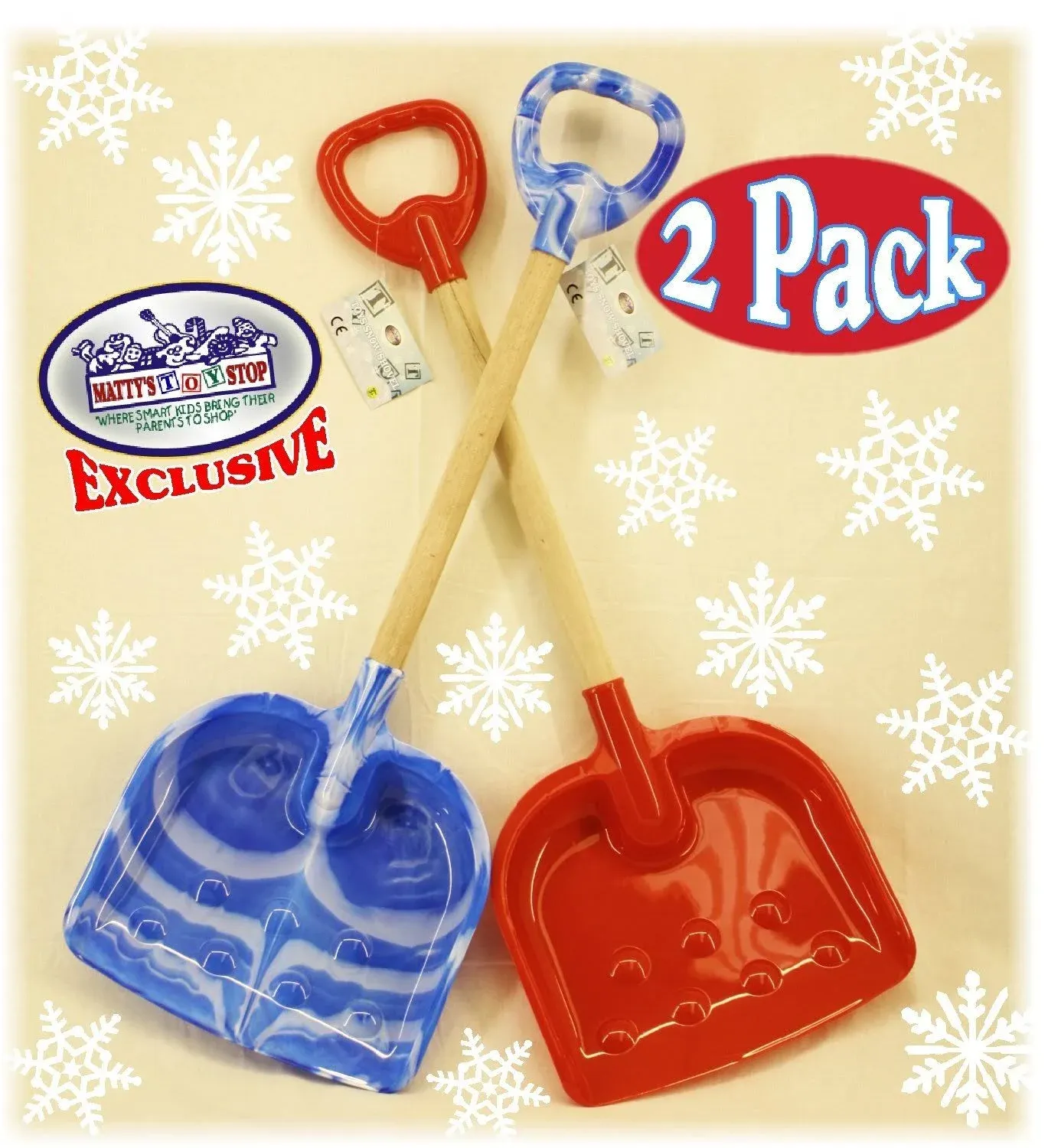 Matty's Toy Stop 28" Heavy Duty Wooden Snow Shovels with Plastic Scoop & Handle for Kids - 2 Pack (Red & Blue Swirl)