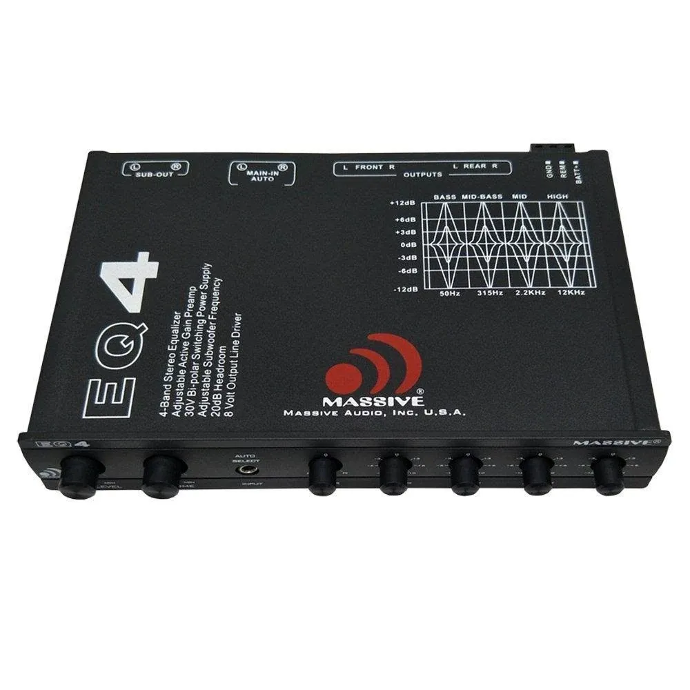 Massive Audio EQ4 Car Equalizer with 4 Band Graphic Equalizer - AUX inputs - 8V Line Driver - 12dB Crossover