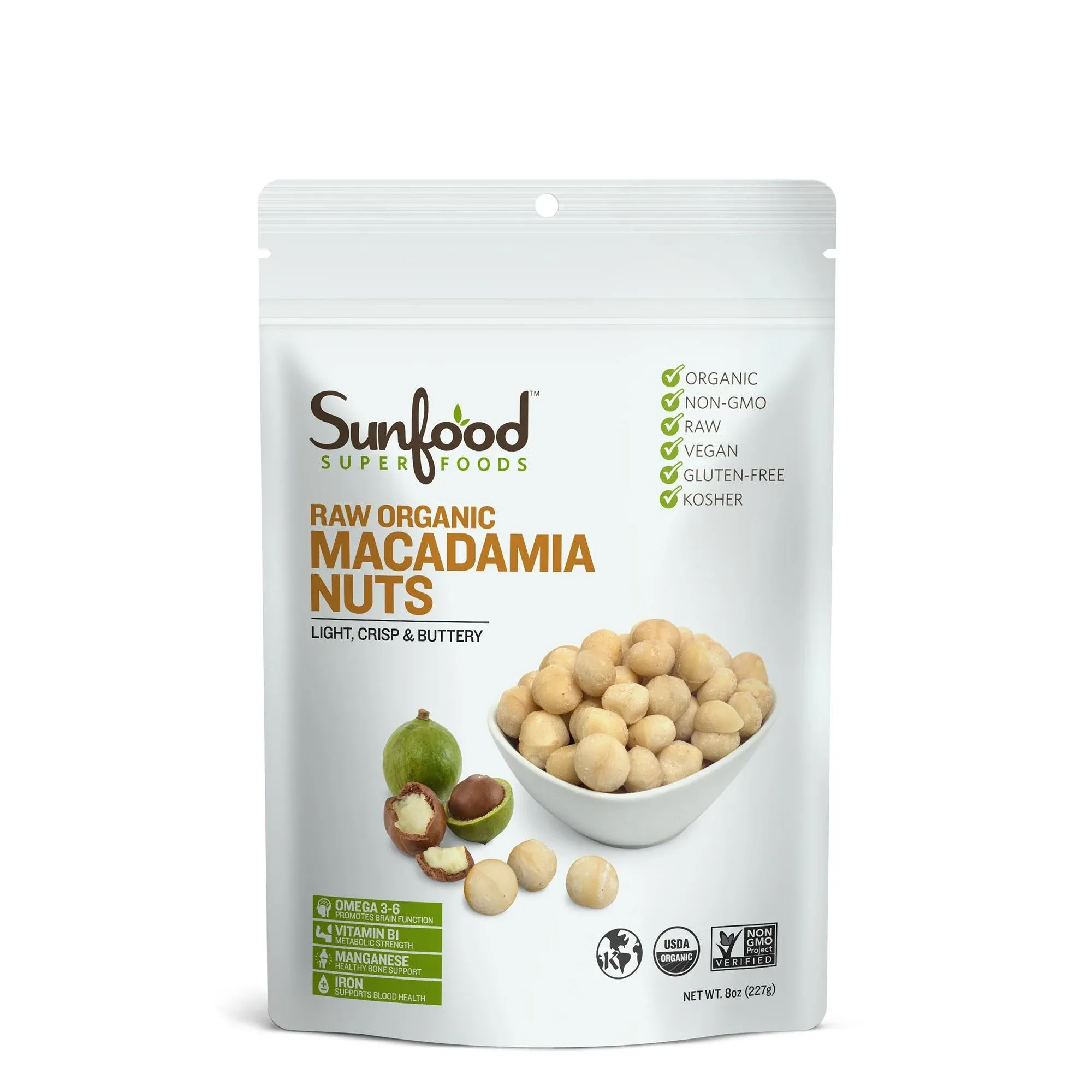 Sunfood Superfood Raw Organic Macadamia Nuts Unsalted - Harvested and Processed at Low Temperatures - Free of Preservatives - Great for Keto Snack or Baking - Kosher, Gluten Free - 8 oz Bag