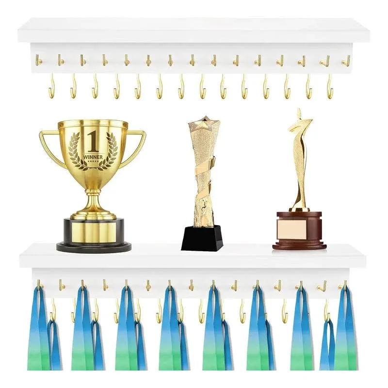 Medal Hanger Display Trophy Shelf with 29 Hooks Wooden Medals Holder Medals Rack