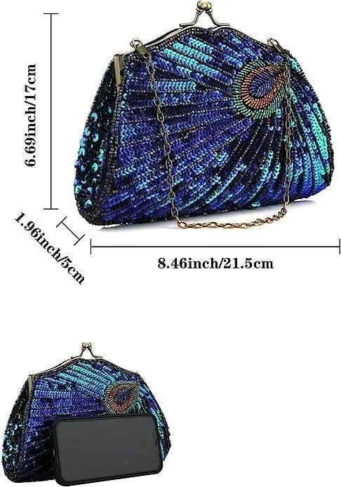 Beaded Sequin Peacock Evening Clutch Bags Party Wedding Purse Crossbody Bag Blue