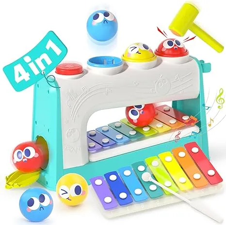 HOLA Toys for 1 Year Old Boy Birthday Gift- 4 in1 Musical Pounding Xylophone Toy, Montessori Toys for 1 Year Old Girl Gifts 2 Year Old boy Toys Easter Basket Stuffers