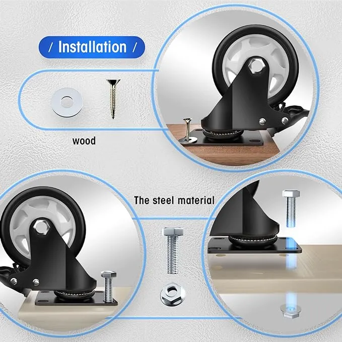 3" Caster Wheels Set of 4, Heavy Duty Casters with Brake, No Noise Locking Casters with Polyurethane (PU) Wheels, Swivel Plate Castors Pack of 4