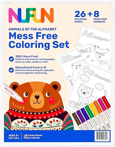 NuFun Activities Mess Free Coloring Set - Animals of The Alphabet, Kids Create No Mess Wonders with Special Coloring Paper, Gift for Toddlers and Kids, 26 Preprinted Pages and 8 Markers