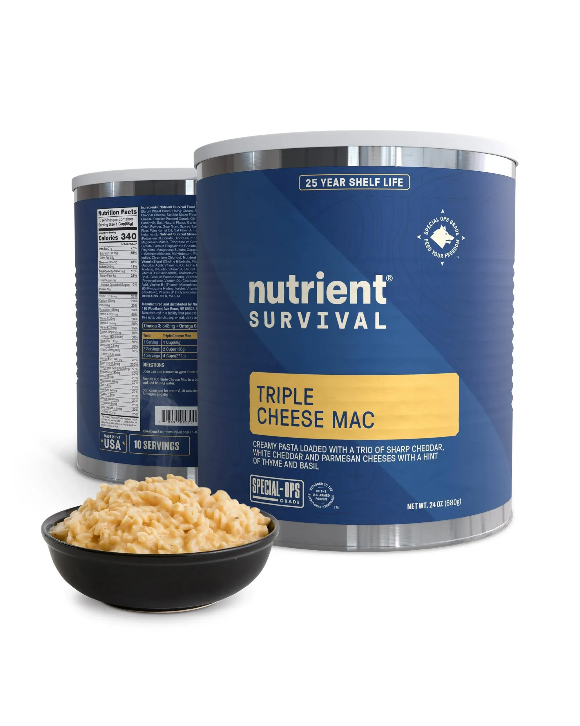 Nutrient Survival MRE Triple Cheese Mac, Ready to Eat Meals (10 Servings) Freeze Dried Prepper Supplies & Emergency Food Supply, 40 Essential Nutritients, Shelf Stable Up to 25 Years, One Can