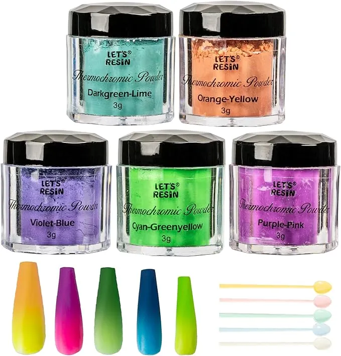 LET'S RESIN Thermochromic Pigment Powder Temperature Activated That Changes at 88°F-5 Colors Changing Powder for Nail Polish, Paint, Slime, Epoxy, Resin, Ink, Fabric Art, Casting-3 Gram Each