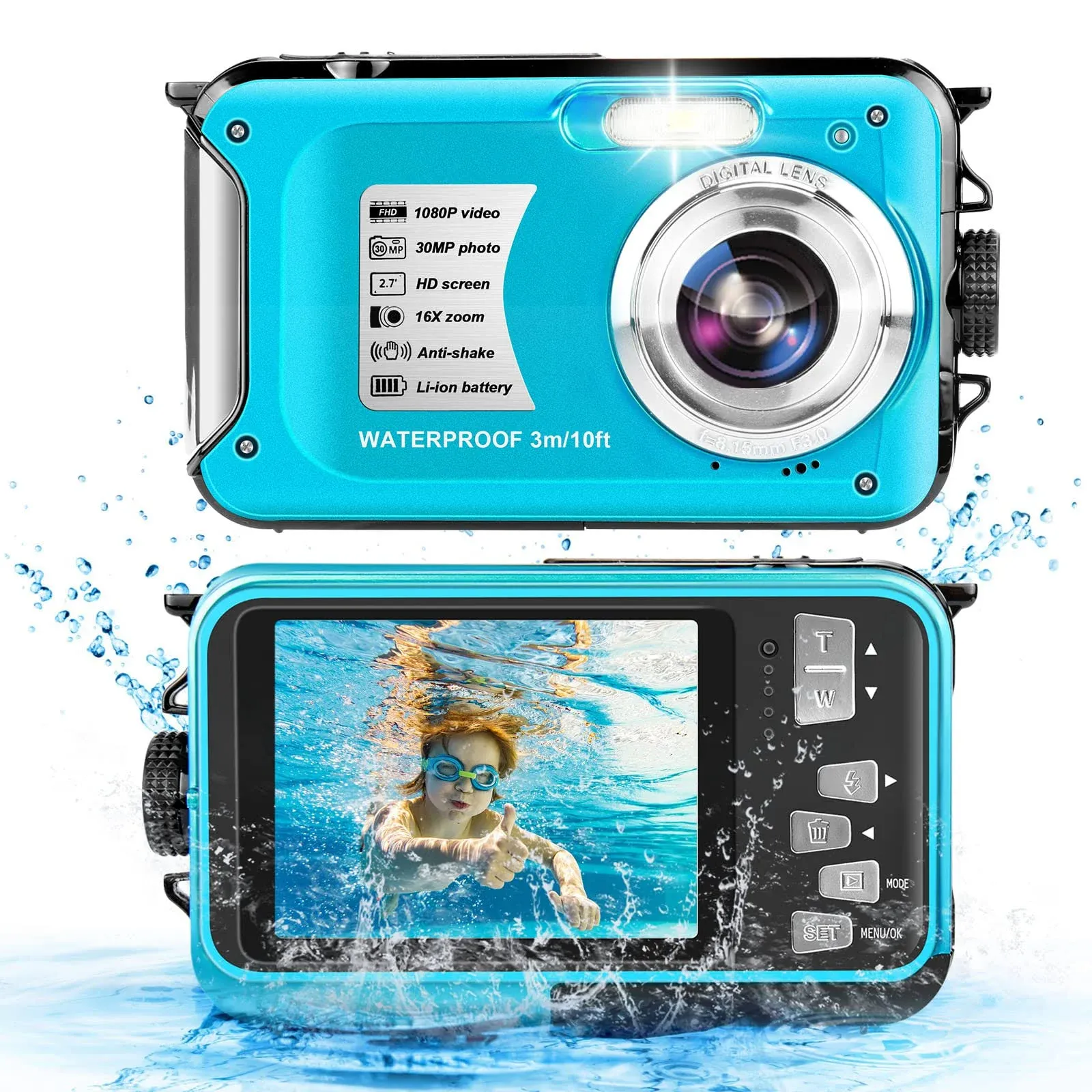 Waterproof Camera 1080P Full HD 10FT Underwater Camera 30MP Video Resolution 16X Zoom Waterproof Digital Camera for Snorkeling Vacation(Blue)