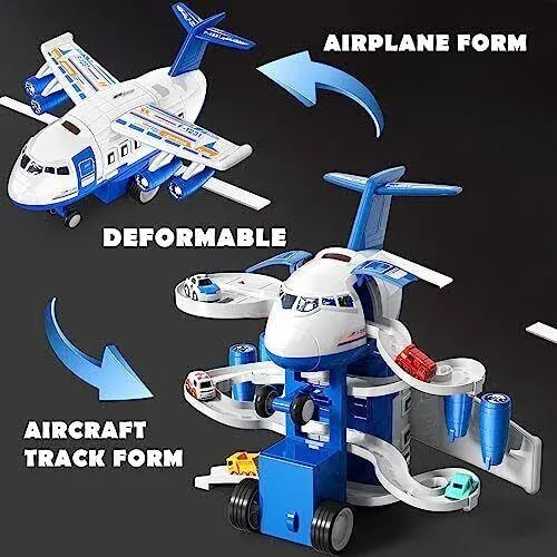 Transport Cargo Airplane Toys, Airplane Car Toy Play Set Includes Track, Blue