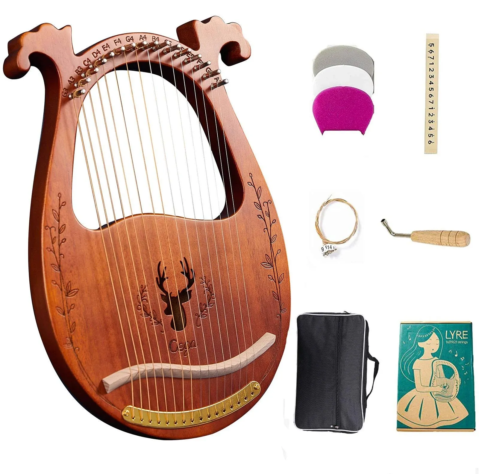 16-String Solid Wood Mahogany Lyre Harp