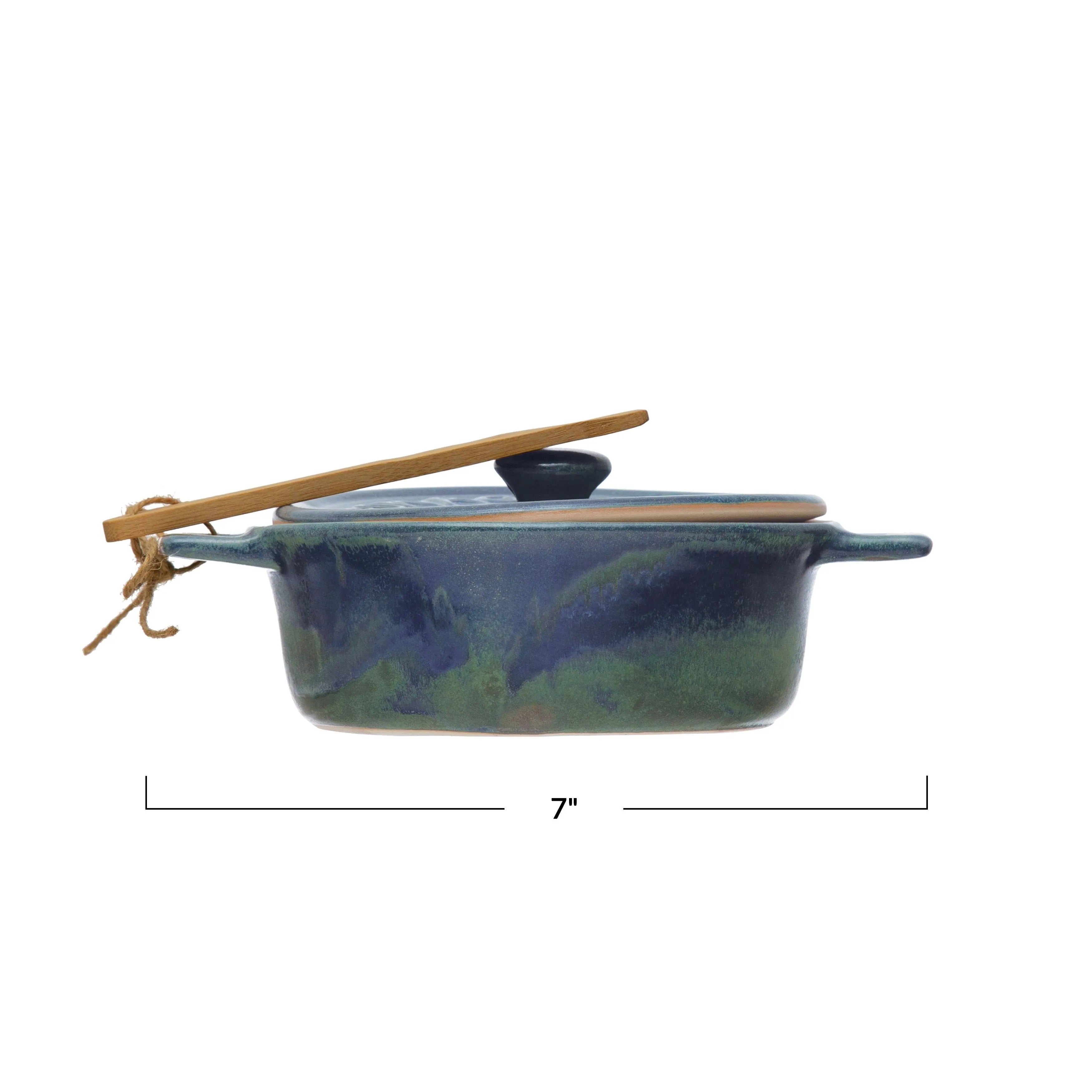 Creative Co-Op Stoneware Bamboo Spreader Brie Baker, 9" L x 7" W x 3" H, Blue