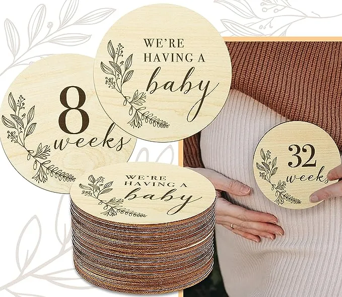 Wooden Pregnancy Milestone Signs for 8-40 Weeks, Weekly Baby Bump Tracker Milestone Discs Baby Shower Gifts for Pregnant Moms, Gender Neutral Baby Announcement Cards