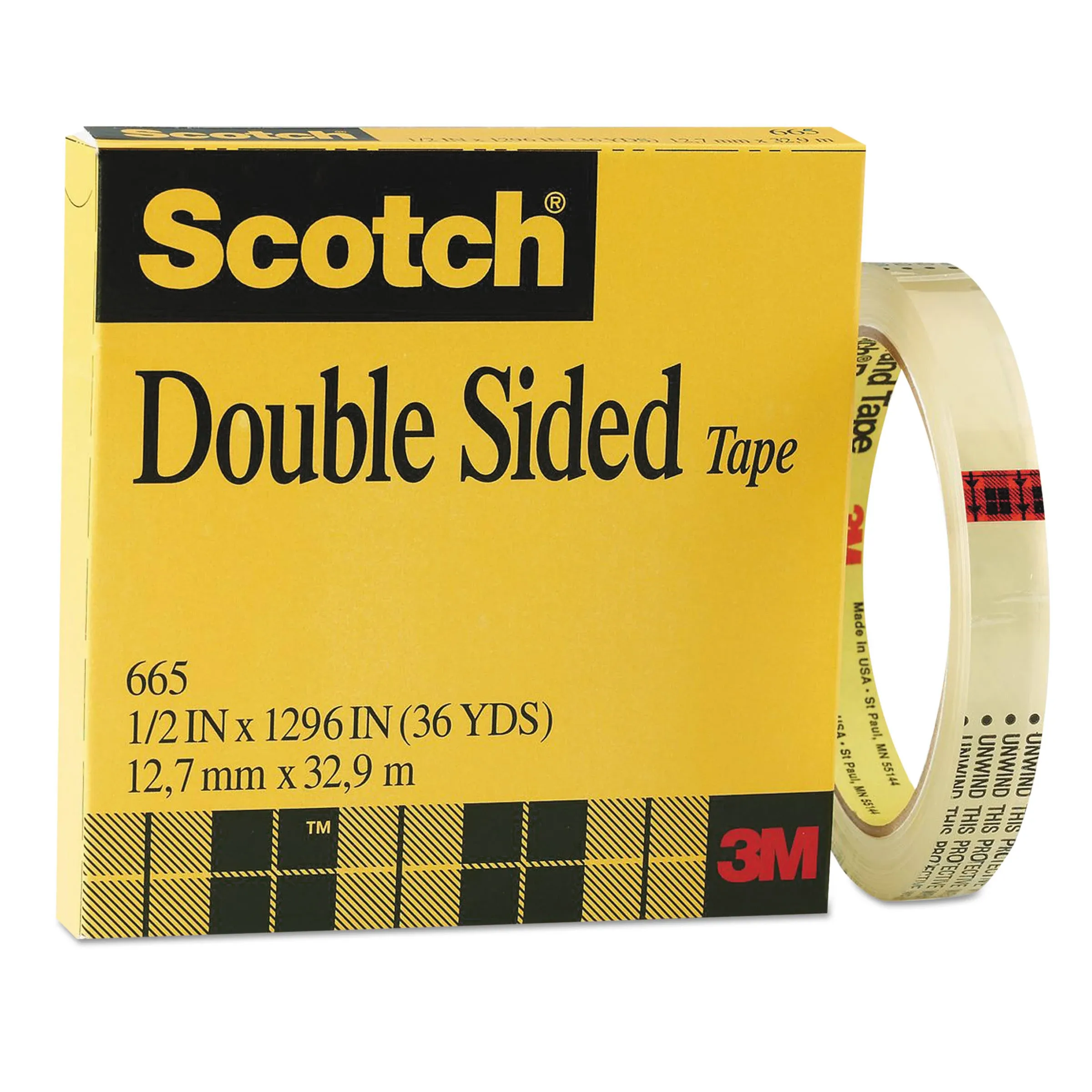 Double-Sided Office Tape: 3M™ Scotch™, 665, 1/2 in x 108 ft, 3 in Tape Core Dia, Transparent, 3M™