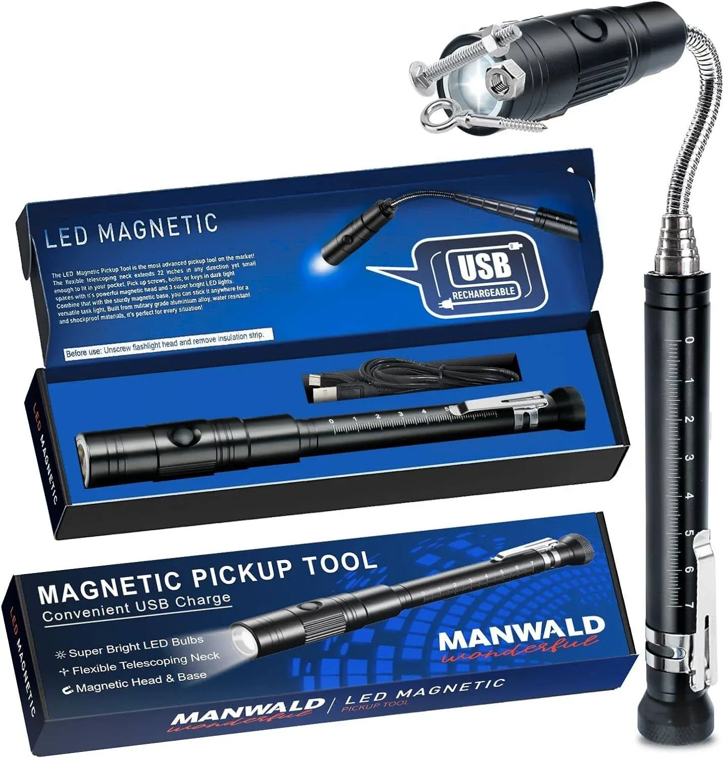 Manwald Rechargeable Magnetic Pickup Tool, Telescoping Flexible LED Flashlights ...