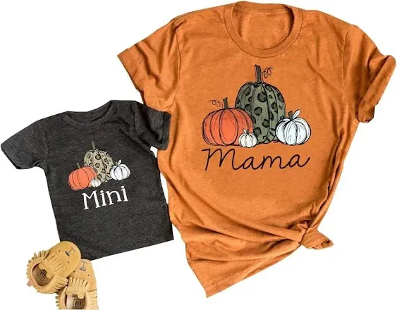 Mama and Mini Halloween Leopard Print Pumpkin Shirts Mommy and Me Matching Hallo