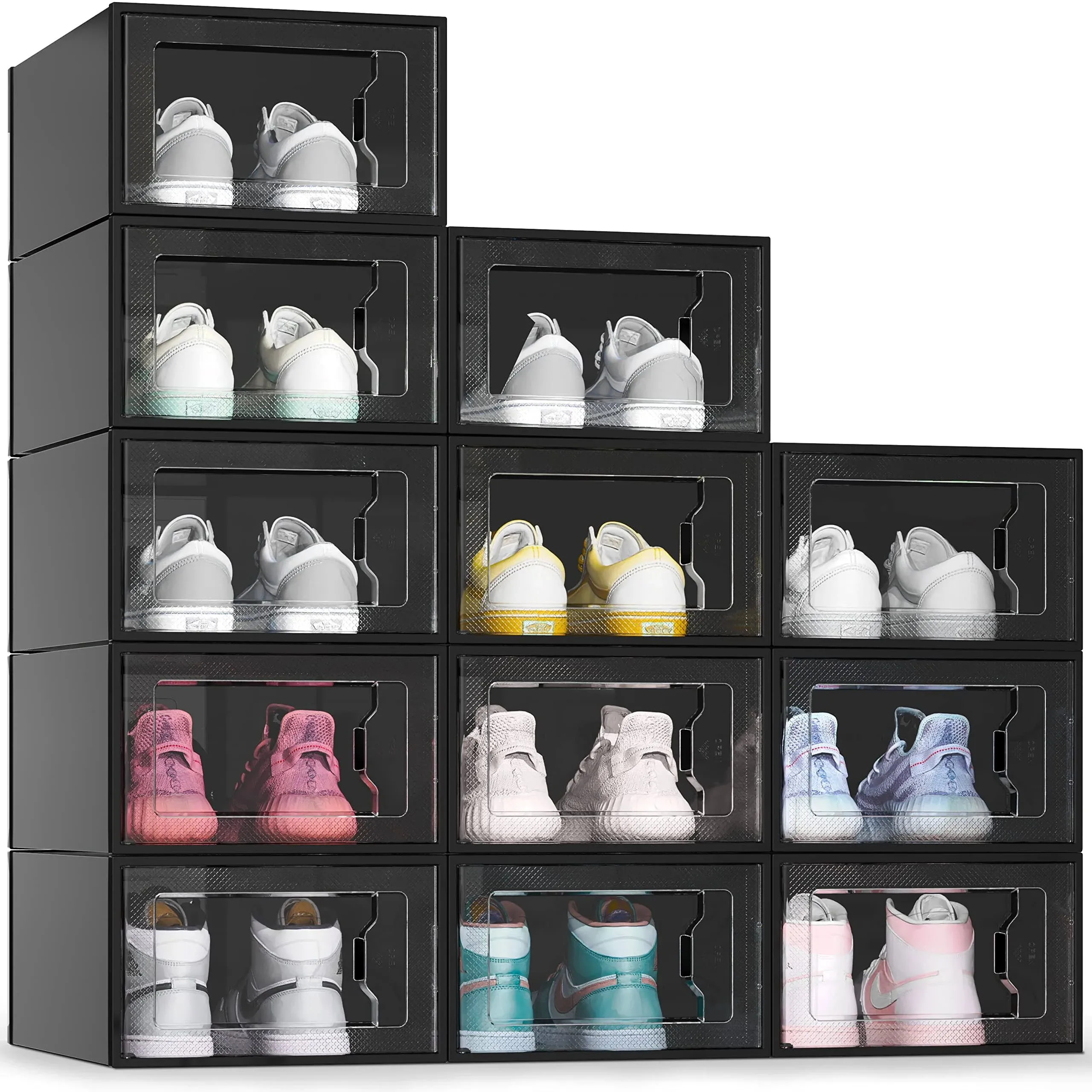 SEE SPRING Large 12 Pack Shoe Storage Box, Black Plastic Stackable Shoe Organizer for Closet, Space Saving Foldable Sneaker Containers Bins Holders Racks (Obsidian Black)