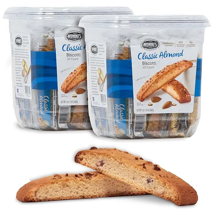 Nonni's individually wrapped Dark Chcolate Almond Italian Cookies, .86oz value pack of 25 in a 21.5oz tub