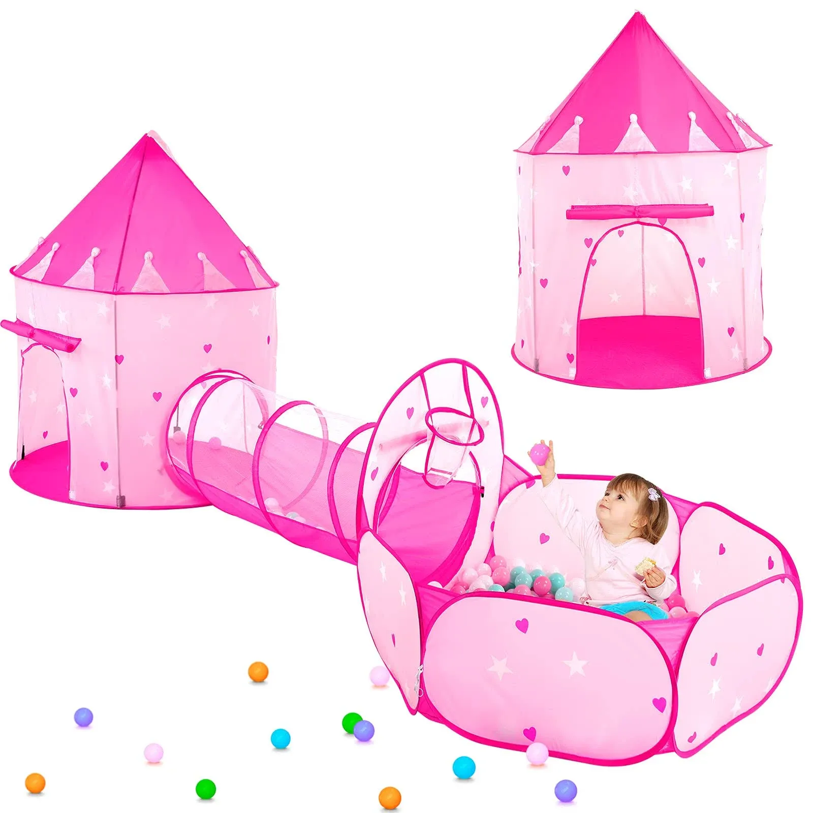 3pc Kids Play Tent for Girls with Ball Pit, Crawl Tunnel, Princess Tents for ...