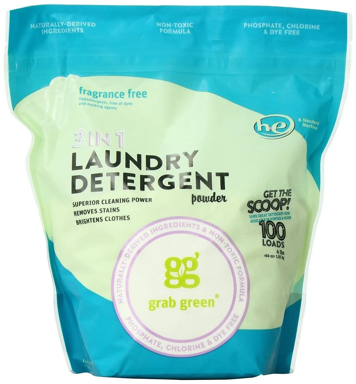 Grab Green 3-in-1 Laundry Detergent Powder, Fragrance Free, 100 Loads