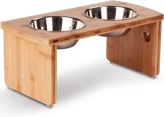 Elevated Dog Bowls, Bamboo Raised Dog Bowl for Medium Dogs with 2 Stainless Steel Bowls (7'' Tall-30 oz Bowl)