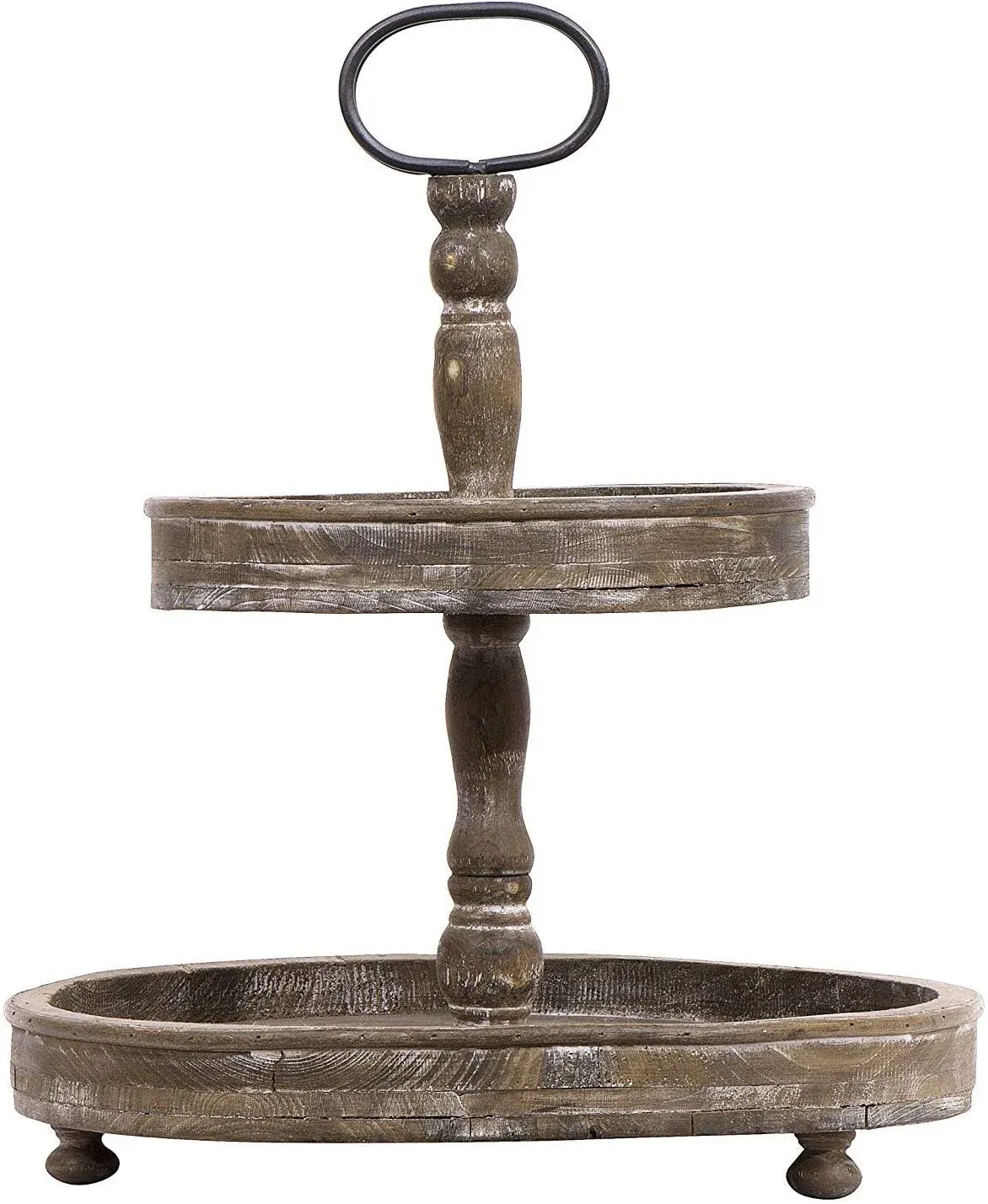 Distressed Brown Wood 2-Tier Tray with Metal Handle