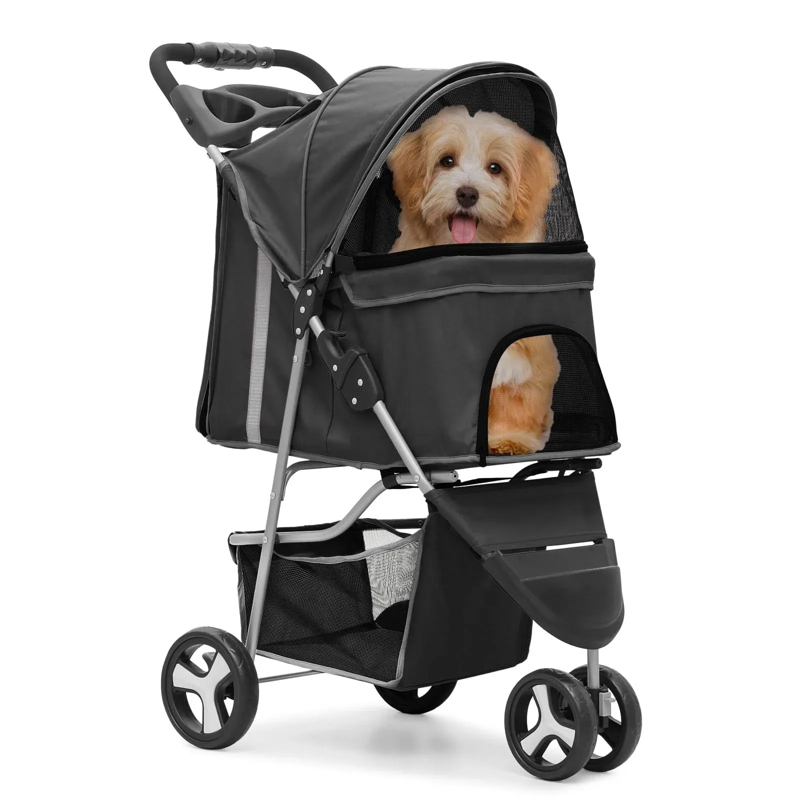 MoNiBloom Foldable Pet Stroller Cover, 3-Wheels Small Dogs and Cats with Storage Basket and Cup Holder