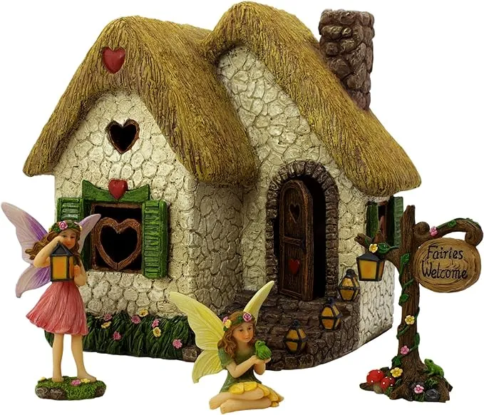 Fairy Garden House Kit – Fairy Garden Accessories & Fairy House – Fairy Houses for Gardens Outdoor - Fairy House Kit & Fairies for Fairy Garden – Fairy Garden Kit, 4 Pieces