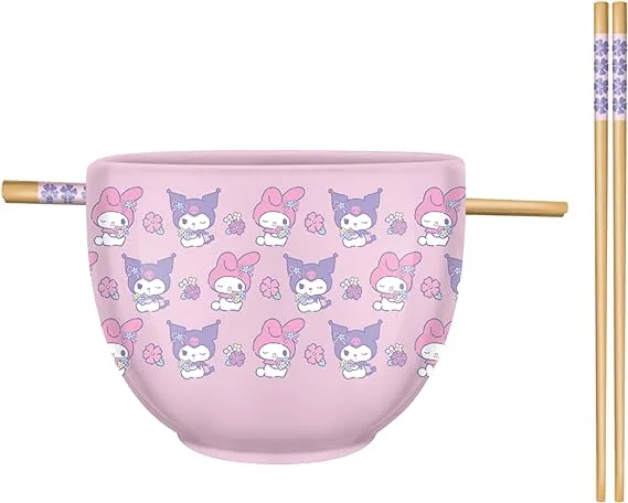 Silver Buffalo Sanrio Hello Kitty and Friends My Melody and Kuromi Pastel Flowers Ceramic Ramen Noodle Rice Bowl with Chopsticks, Microwave Safe, 20 Ounces