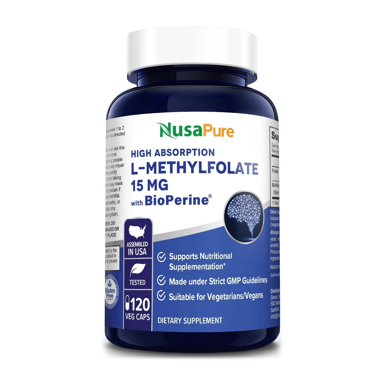 NusaPure L Methylfolate 15mg | 120 Veggie Capsules | Bioperine