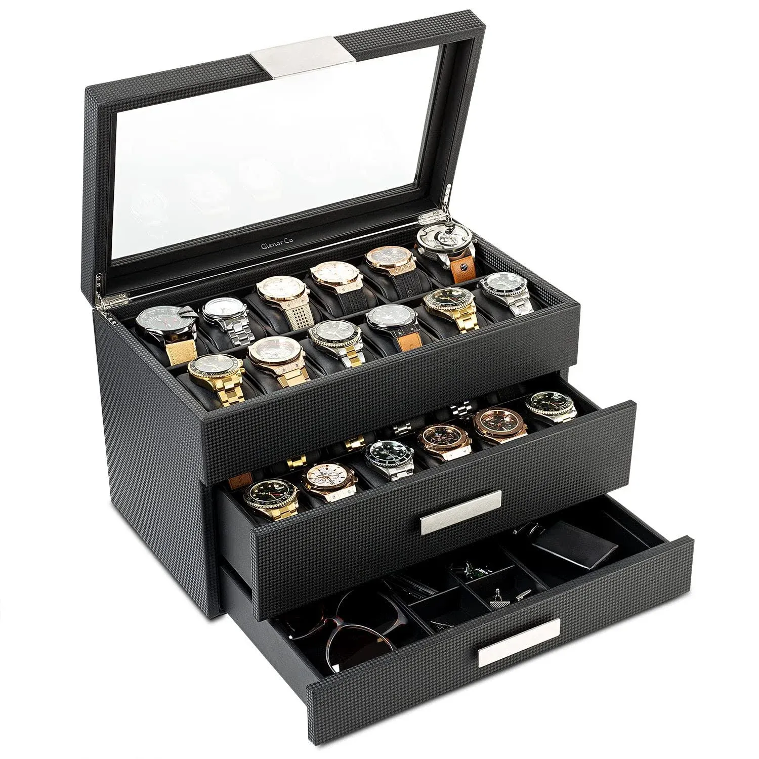 Glenor Co Watch Box with Valet Drawer for Men - 24 Slot Luxury Case Display Watch Organizer, Carbon Fiber Design - Metal Buckle for Mens Jewelry Watches, Men's Storage Boxes Holder has Large Glass TopGlenor Co Watch Box with Valet Drawer for Men - 24 Sl…