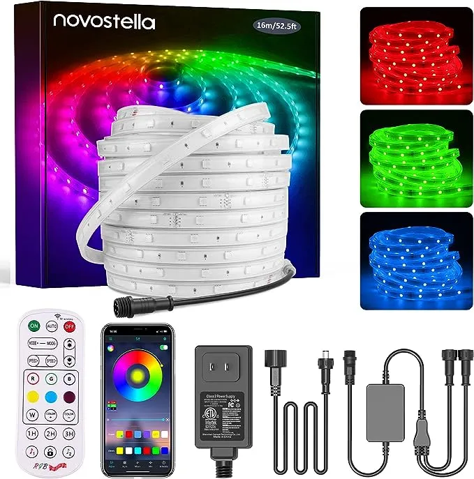 Novostella 52.5ft Smart LED Outdoor Rope Light, Music Sync RGB Strip Lights, App Control and RF Remote Color Changing Dimmable Tape Exterior Lighting Kit, for Garden Decorative Stairs Party, 24V IP65