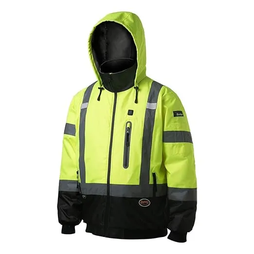 Pioneer Hi Vis Waterproof Heated Safety Bomber Jacket - Class 1 Winter Rain Gear for Men - Reflective Tape - Detachable Hood