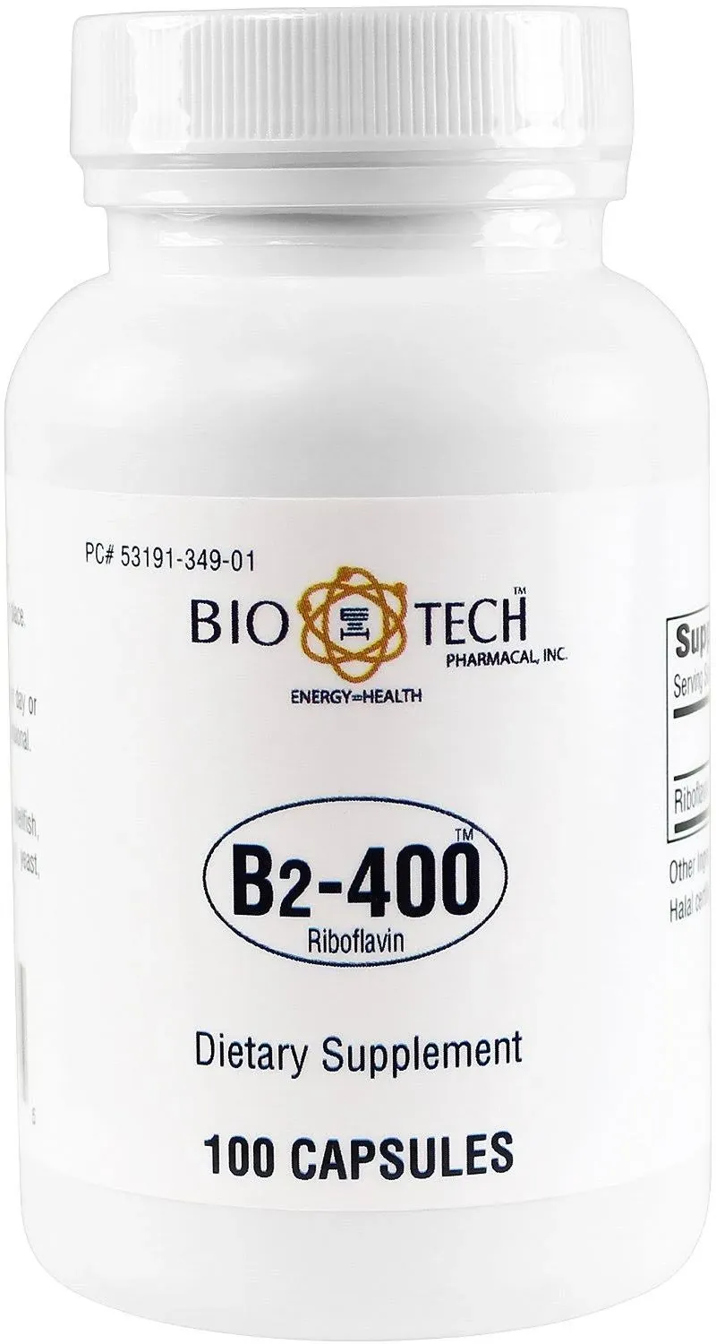 Bio-Tech Pharmacal B2-400, 100 Capsules – All-Natural Supplement – Supports Clarity and Productivity – No Dairy, Fish, Gluten, Peanut, Shellfish, GMOS, & Soy – No Artificial Colors