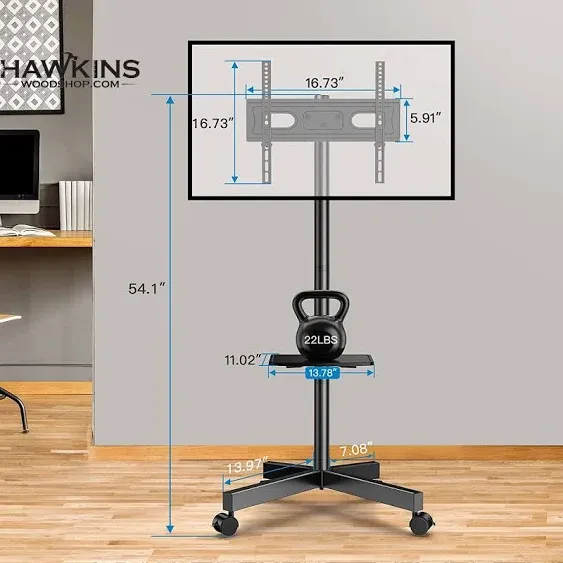 Perlesmith Mobile TV Stand for 23-60 inch LCD LED Flat/Curved Panel Screen TVs, Tilt TV Cart Holds Up to 88lbs Portable Stand with Laptop Shelf