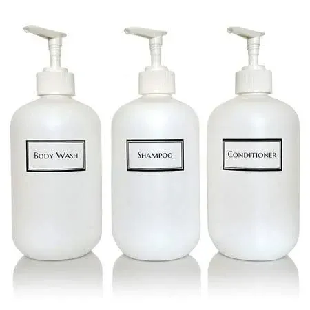 Artanis Home Silkscreened Empty Shower Bottle Set for Shampoo, Conditioner, and Body Wash