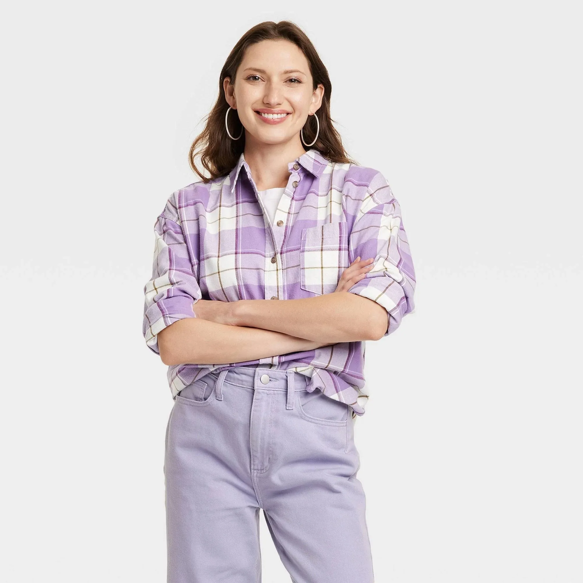 Women's Long Sleeve Flannel Button-Down Shirt - Universal Thread™ Purple Plaid M