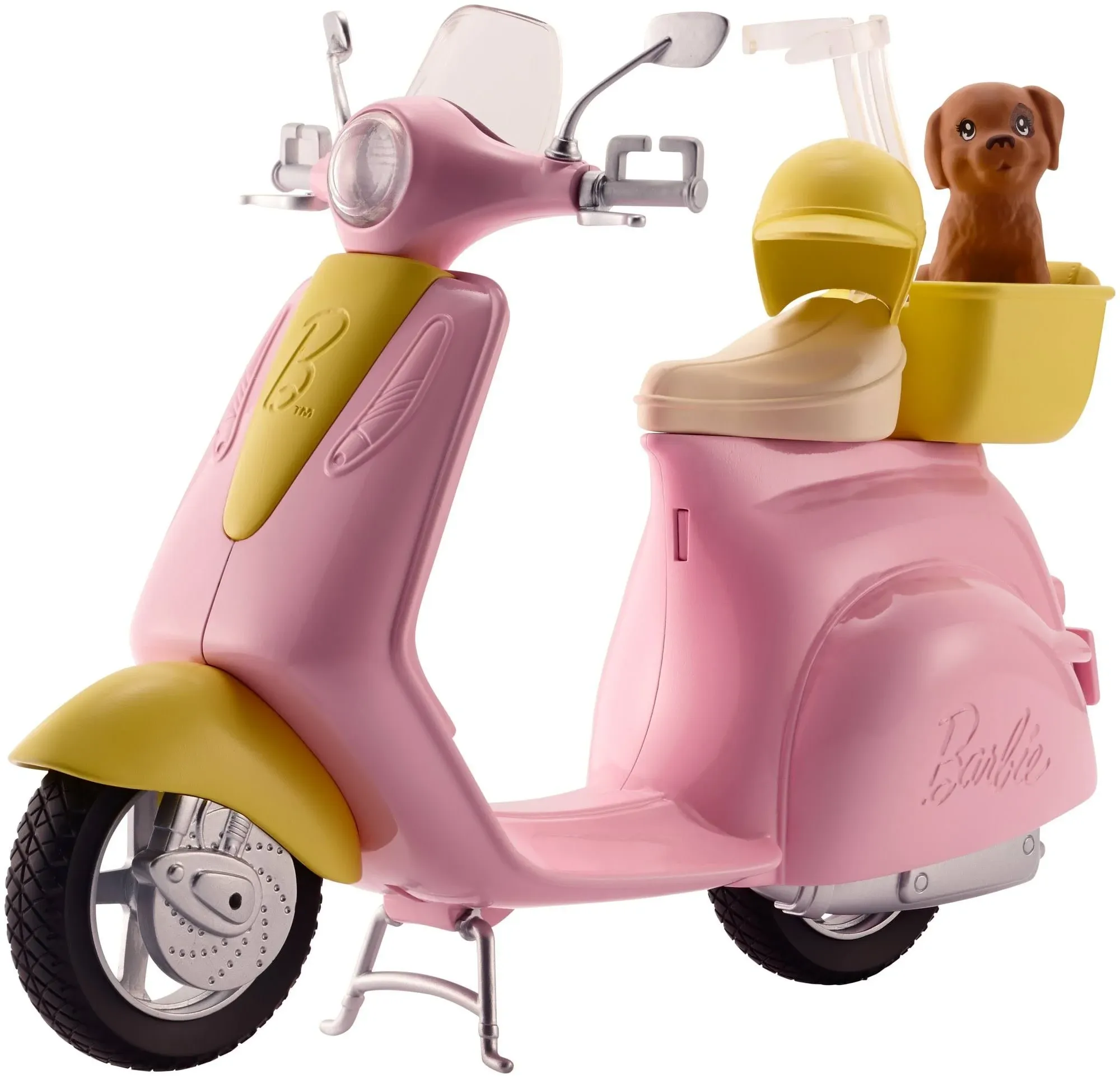 Barbie Toy Scooter with Puppy & Helmet Accessory, Pink & Yellow Moped with Basket, Kickstand & Seat Clip for Doll