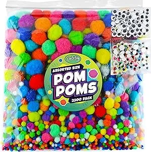 2200 Pieces - Pom Poms Balls for Craft Supplies - Large and Small Assorted Colored Fuzzy Pompoms with 200 Googly Eyes