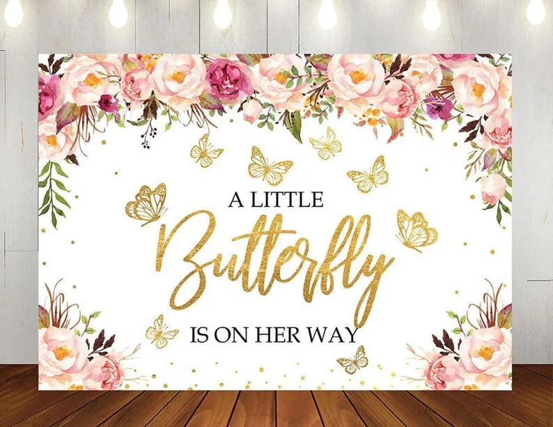 Butterfly Baby Shower Backdrop, A Little Butterfly Is On The Way Photo Background, Pink Watercolor Floral Butterfly Baby Shower Background