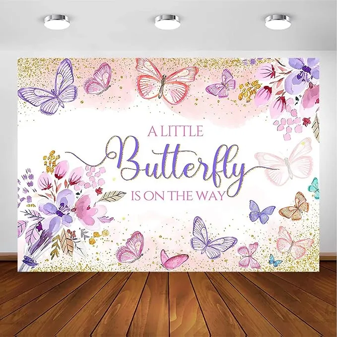 Butterfly Baby Shower Backdrop, A Little Butterfly Is On The Way Photo Background, Pink Watercolor Floral Butterfly Baby Shower Background