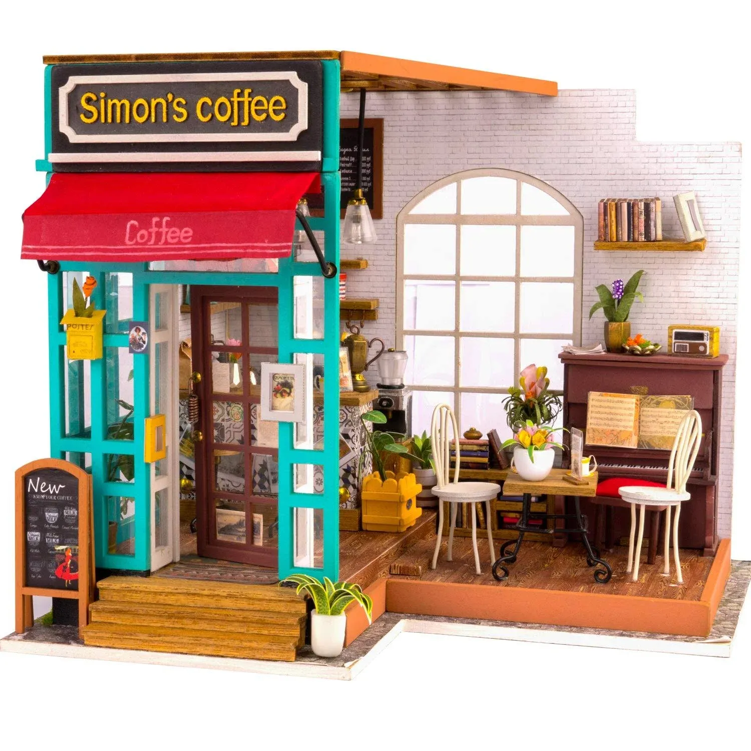 Rolife DIY Miniature House Kits, Tiny Model House for Adults to Build, Mayberry Street Miniature Model Kit with LED Light, DIY Crafts/Birthday Gift/Home Decor for Family and Friend(Simon's Cafe Shop)