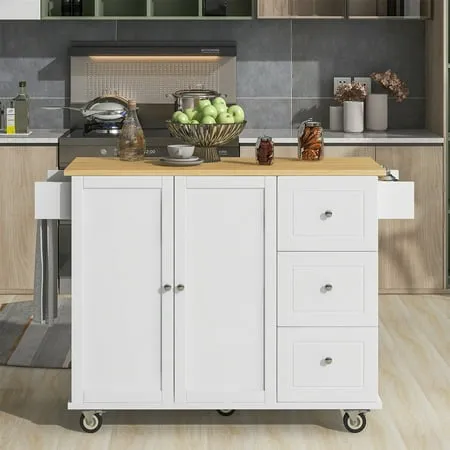 52.7 Inch Kitchen Cart with Wood Top and Drop Leaf Breakfast Bar Rolling Mobile Kitchen Island with Spice Rack and Towel Rack Kitchen Storage with Drawers and Locking Wheels White