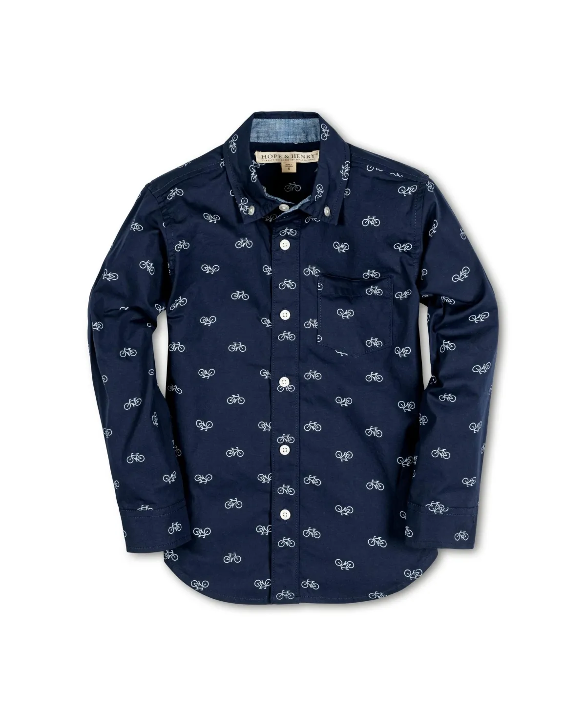 Hope & Henry Boys' Poplin Long Sleeve Button Down Shirt, Navy Bicycle Print, Small