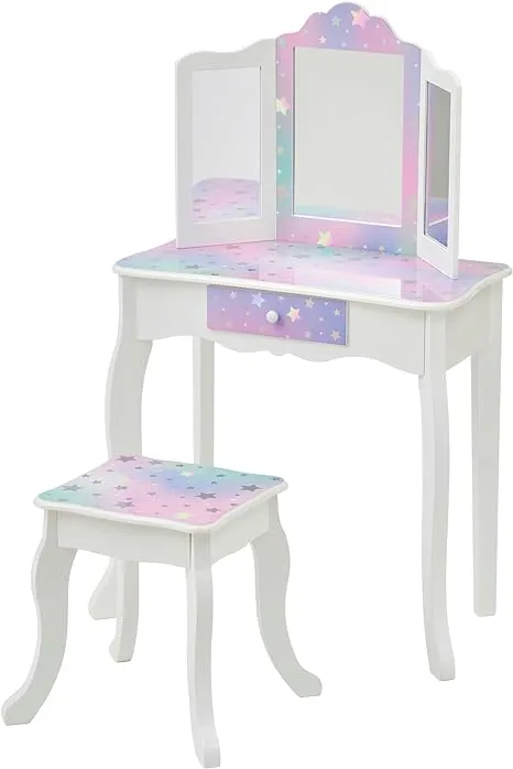 Teamson Kids - Pretend Play Kids Vanity, Table and Chair Vanity Set with Mirror Makeup Dressing Table with Drawer, Starry Sky Print Gisele Play Vanity Set, White/Lavender, Gift for Ages 3+