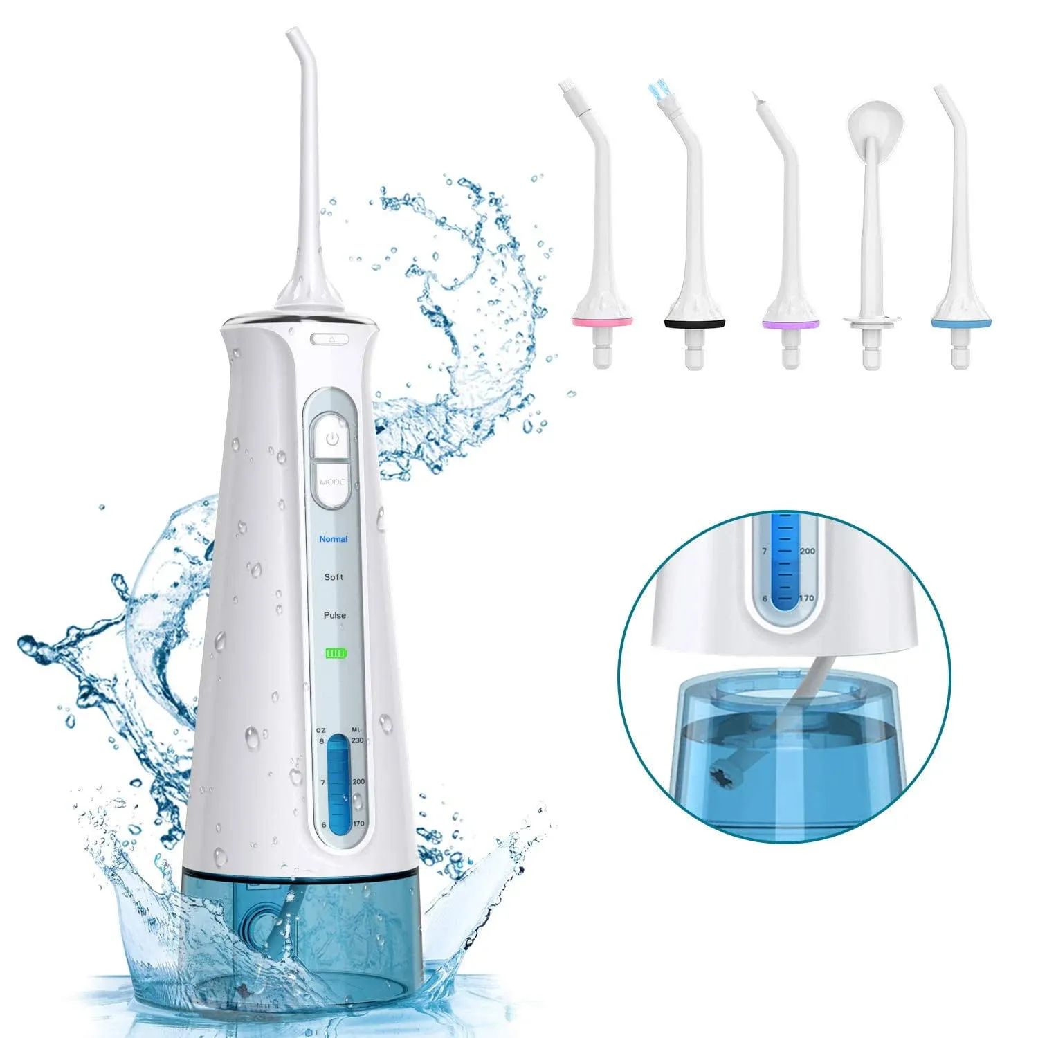 BESTOPE Water Flosser Cordless Dental Irrigator Rechargeable Teeth Cleaner Portable Oral Irrigator with IPX7 Waterproof 3 Modes Semi-Hidden Water Tank 6 Interchangeable Jet Tips for Home and Trave