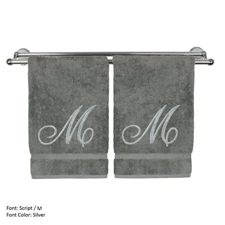 Monogrammed Hand Towel Personalized Gift 16 x 30 Inches - Set of 2 - Silver Embroidered Towel - Extra Absorbent 100% Turkish Cotton- Soft Terry Finish - for Bathroom Kitchen and Spa- Script M Gray