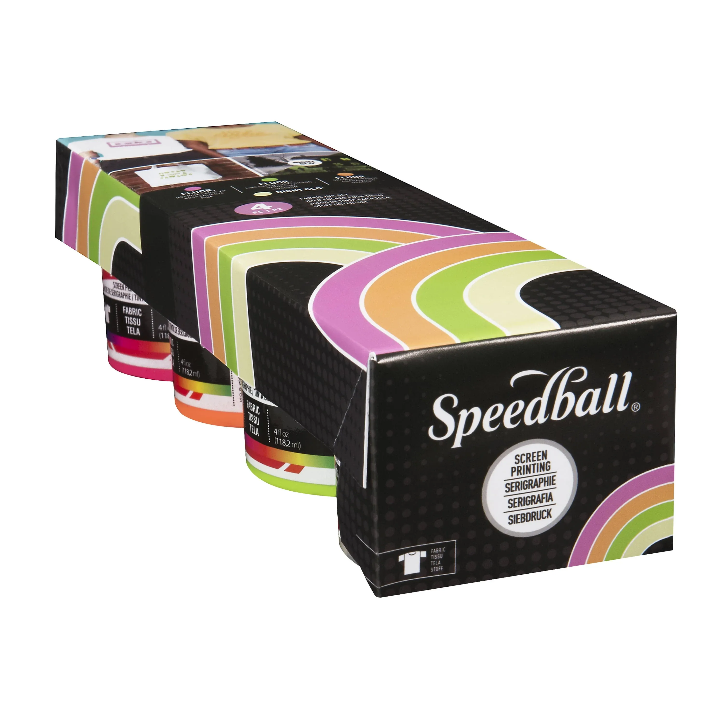 Speedball Fabric Screen Printing Ink Set, 4oz Fluorescent Colors: Hot Pink, Lime Green, Orange & Blue