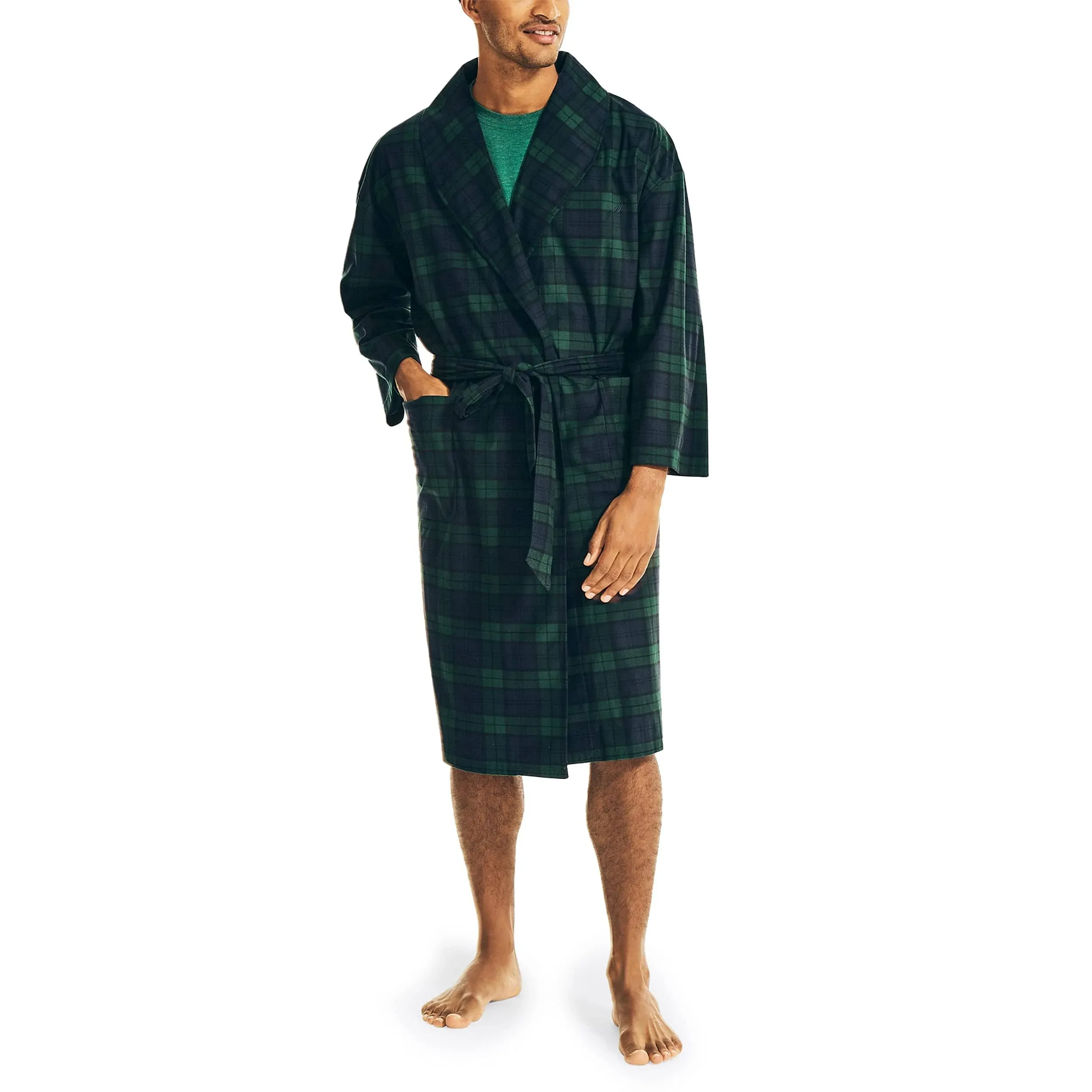 Nautica Men&#039;s Sustainably Crafted Plaid Robe,Emerald Yard,One Size