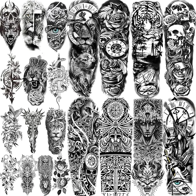 COKTAK 21 Sheets Extra Large Black Temporary Tattoos For Women Adults Greek Myth With 8 Sheets Full Arm Sleeve For Men Maori Warrior Compass and 13 Sheets Fake Large 3D Tatoo Stickers