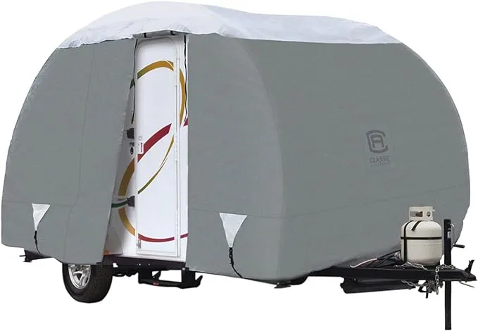 Classic Accessories Over Drive PolyPRO3 Deluxe R-Pod Travel Trailer Cover, 17\' 7", Camper RV Cover, Customizable Fit, Water-Resistant, All Season Protection for Motorhome, Grey/Snow White