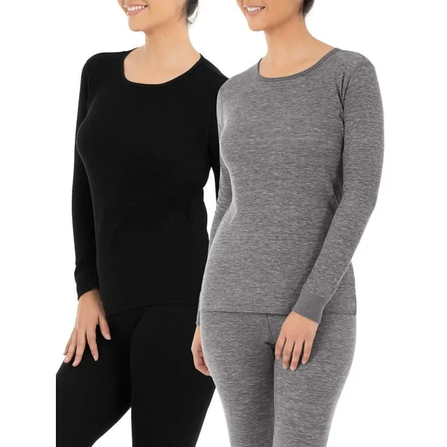 Fruit of the Loom Women's and Women's Plus Long Underwear Waffle Crew Neck Thermal Top, 2-Pack